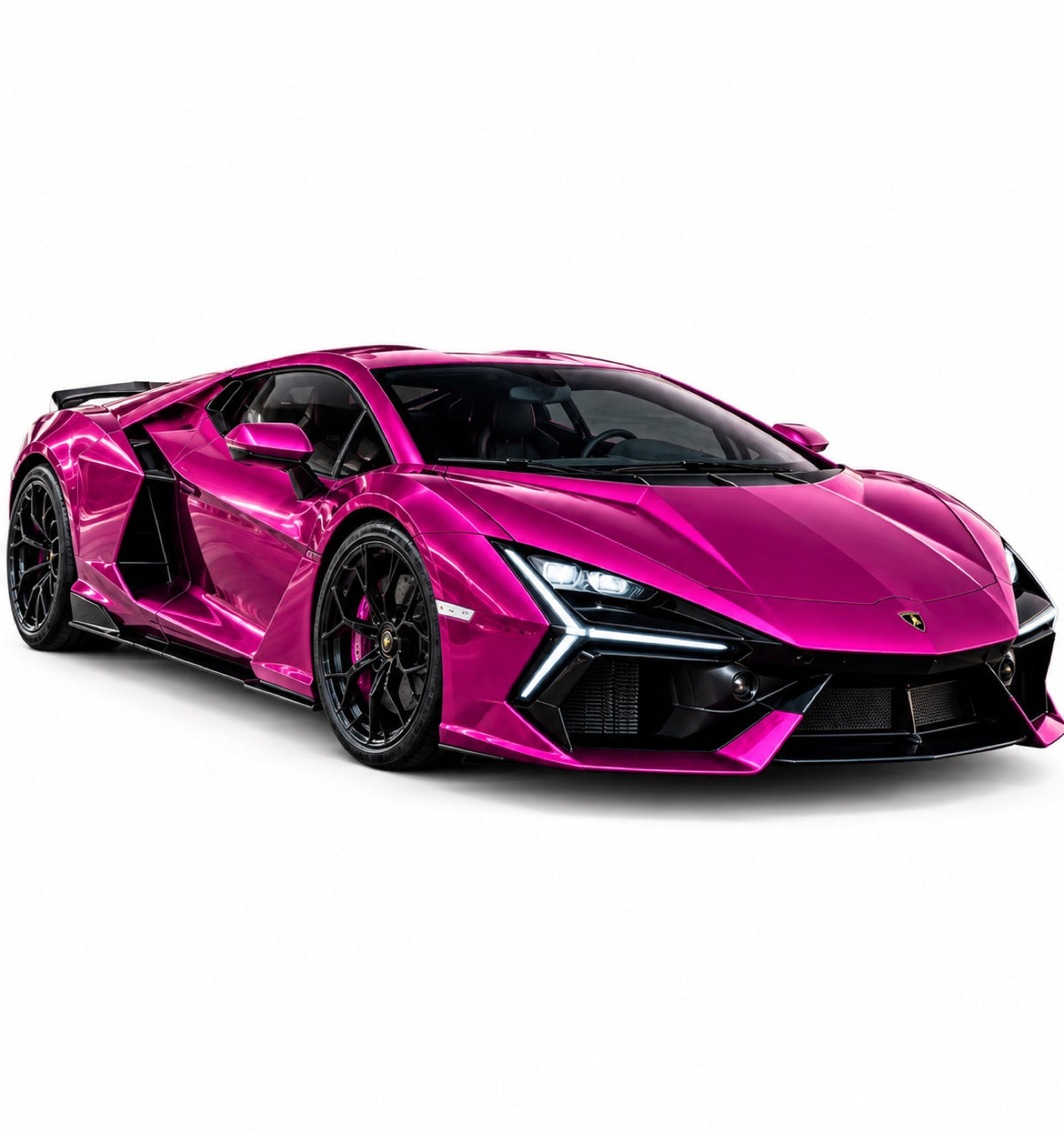 Pink Lamborghini Revuelto on white studio background
