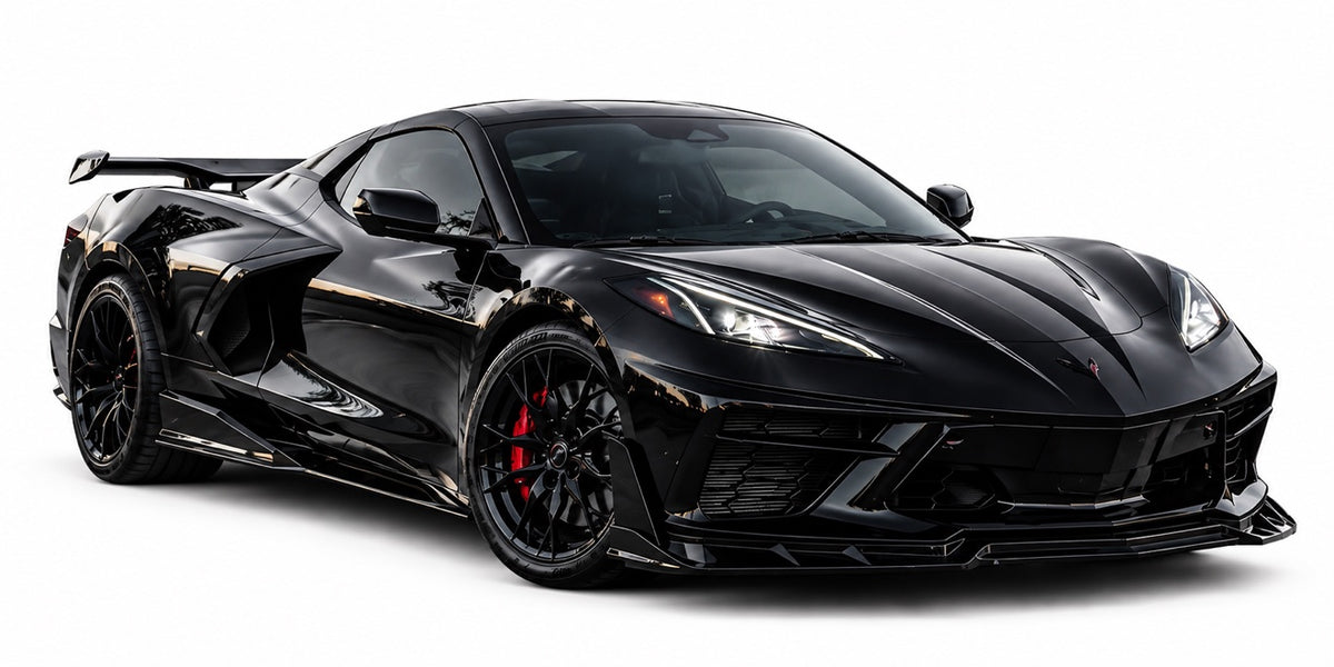 Black Corvette C8 Z06 on white studio background