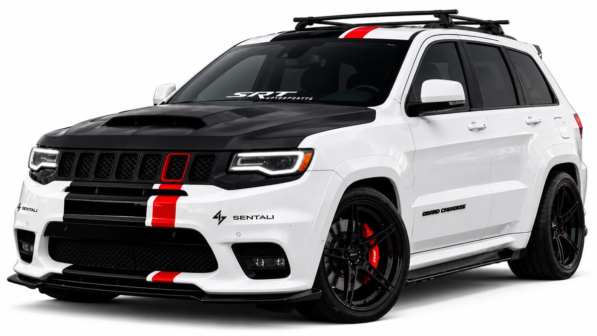 White Jeep Grand Cherokee Trackhawk on white studio background
