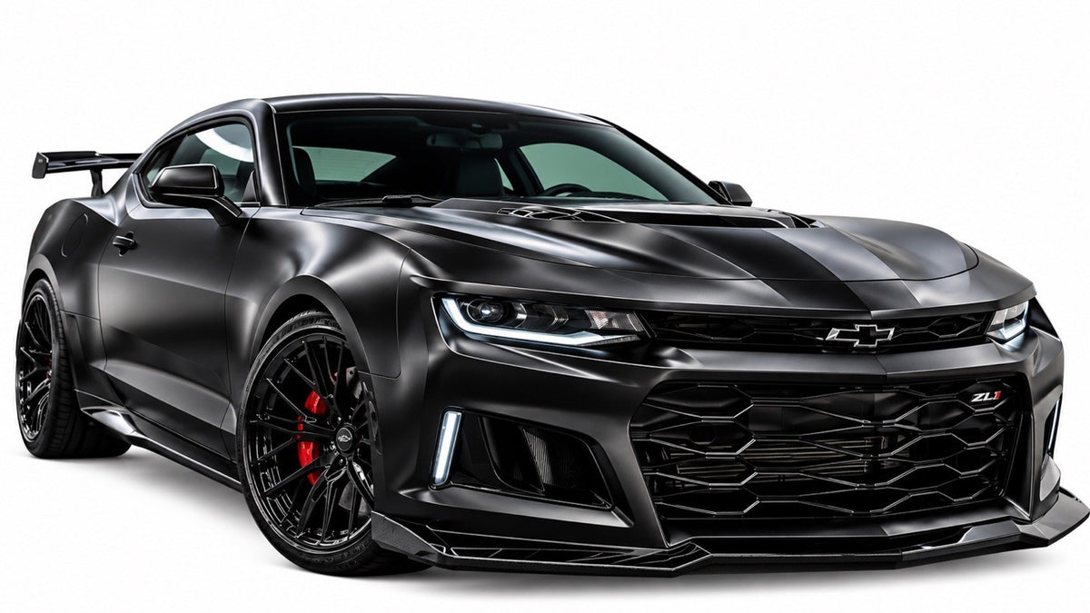 Black Chevrolet Camaro ZL1 1LE on white studio background