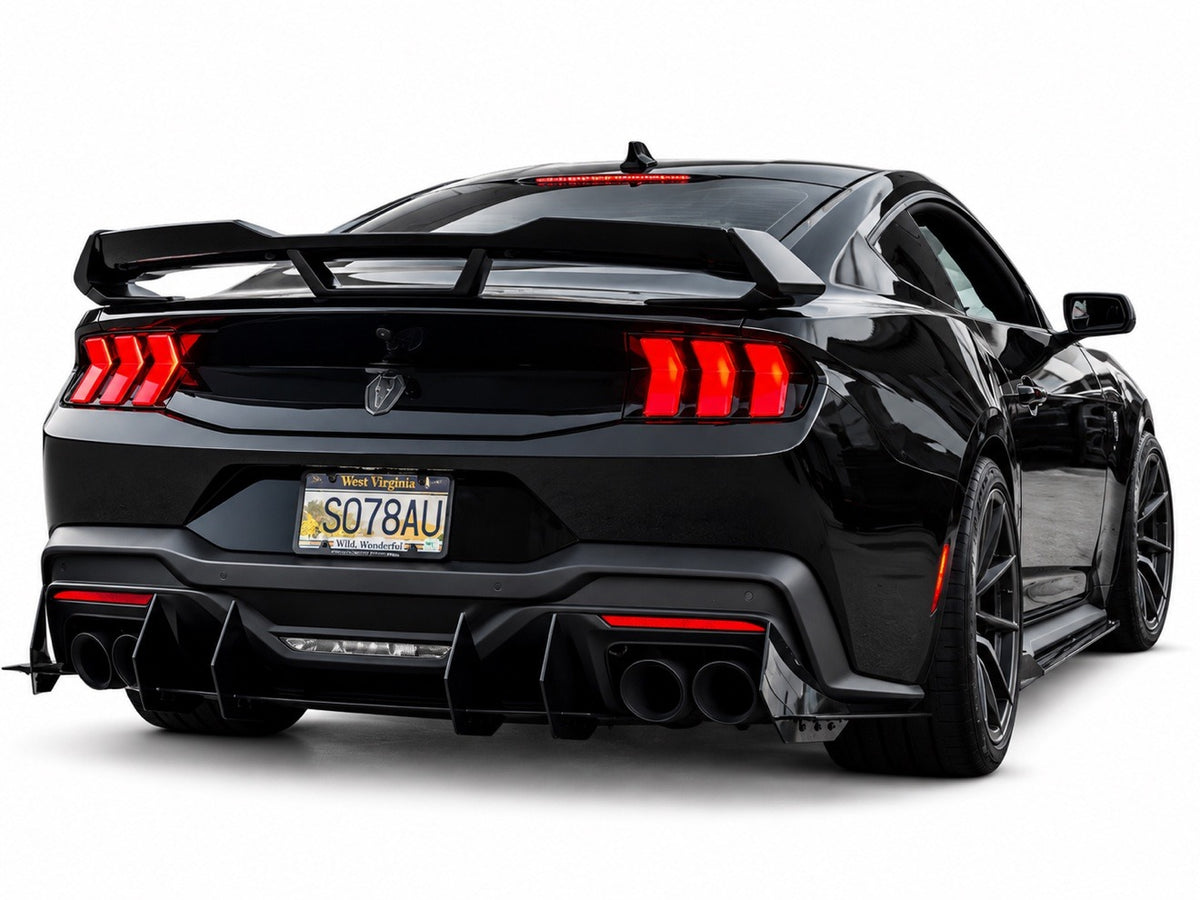 Black Ford Mustang rear view on white studio background